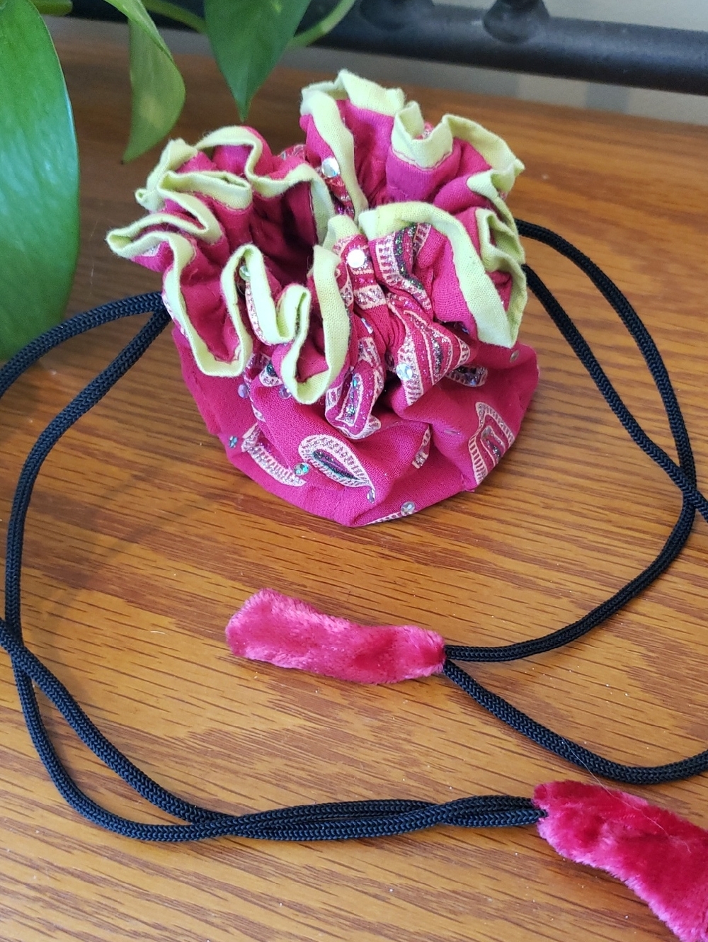 NWOT- Handpicked Red, Light Green & Black Drawstring Pouch w/ Rhinestone Accents